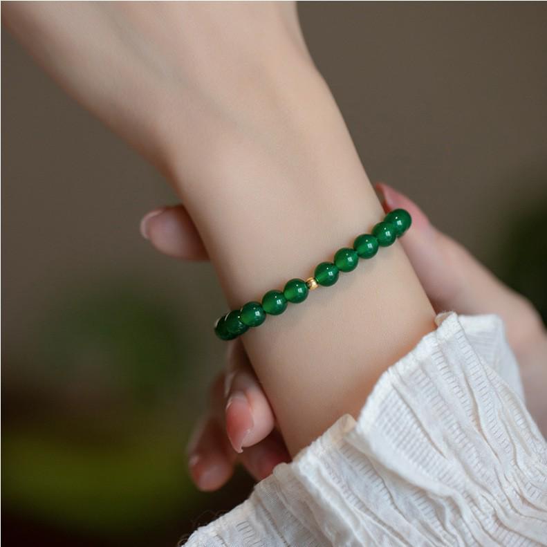 Women's Natural High Ice Green Agate Bracelet: Retro Thin Style with Beaded Safety Beads - Chinese-Inspired Gift