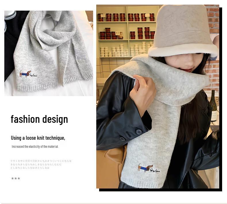 Korean Style Thickened Winter Puppy Embroidery Scarf - Warm, Versatile, Windproof Shawl for Women