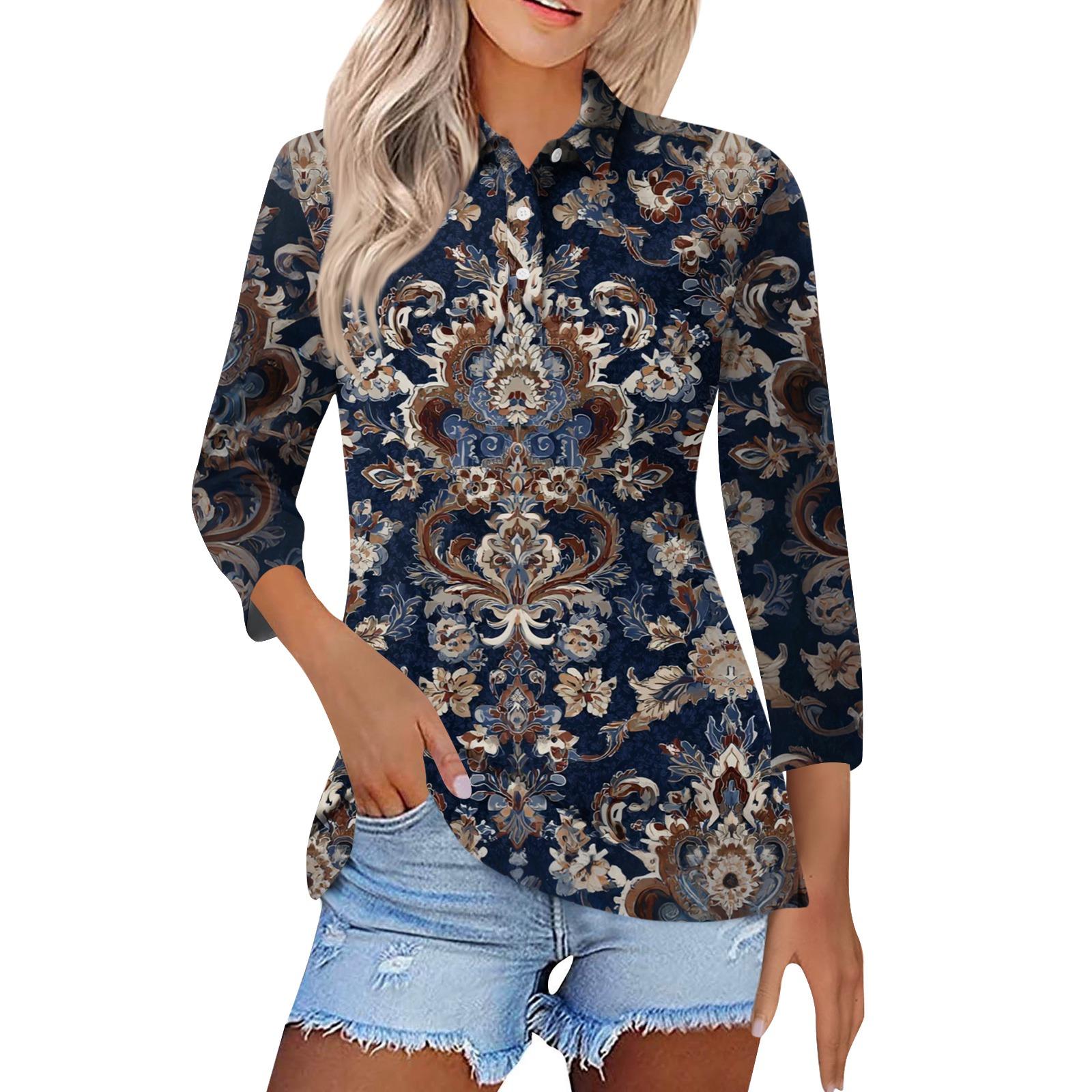 

Женская модная повседневная рубашка с лацканами и рукавом 3/4 с принтом, женские топы на пуговицах XXXL тёмно-синий