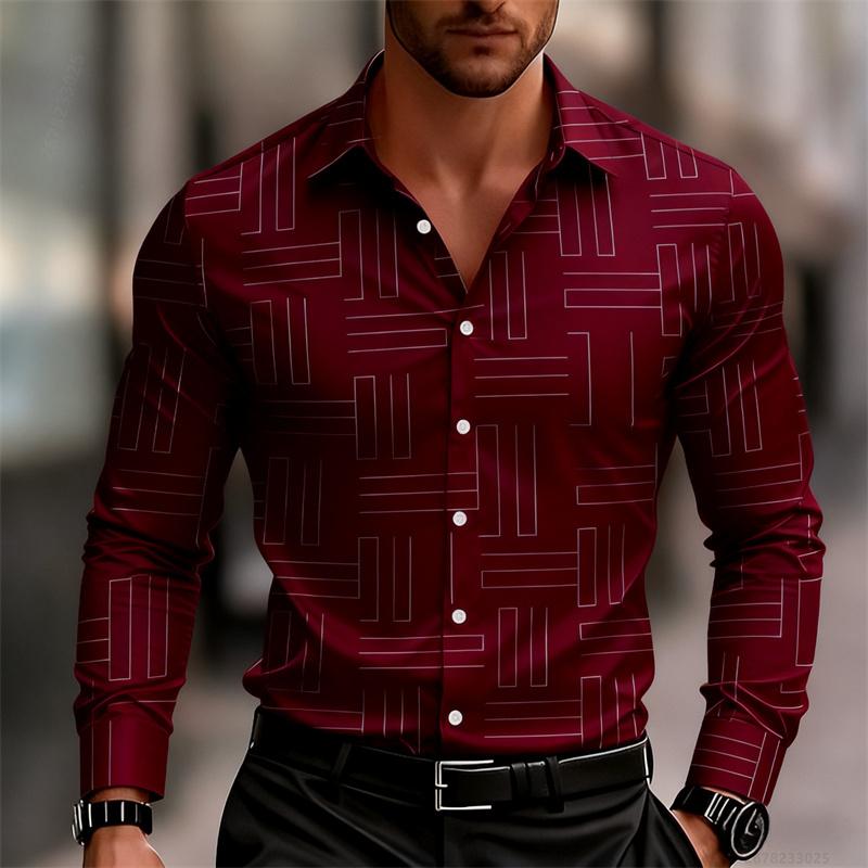Men's Casual Long-Sleeve Slim Fit Black Geometric Pattern Breathable Versatile Formal Shirt Fashion Outdoor Men's Top