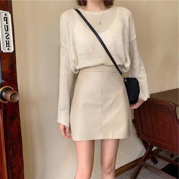Black A-line High-waisted PU Leather Skirt: Women's Spring/Autumn Slimming Mini with Anti-exposure Design