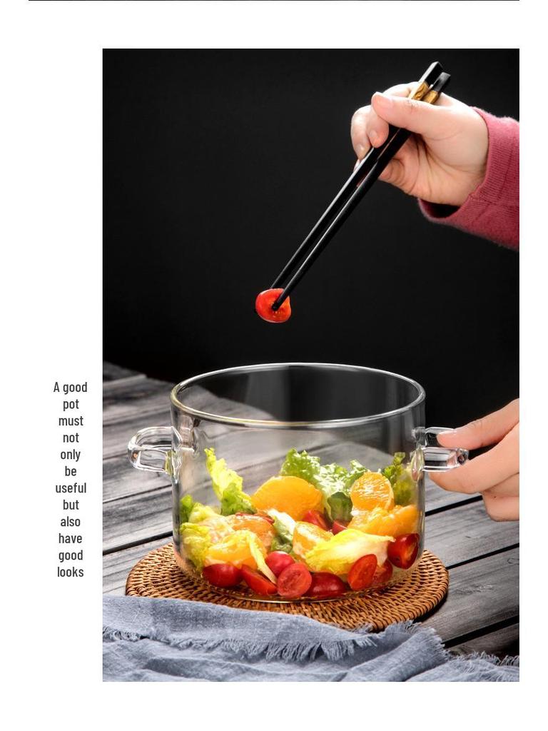 High-Temperature Resistant Glass Pot with Lid, Double-Ear Design for Ramen and Open Flame, Stainless Steel, Large Capacity