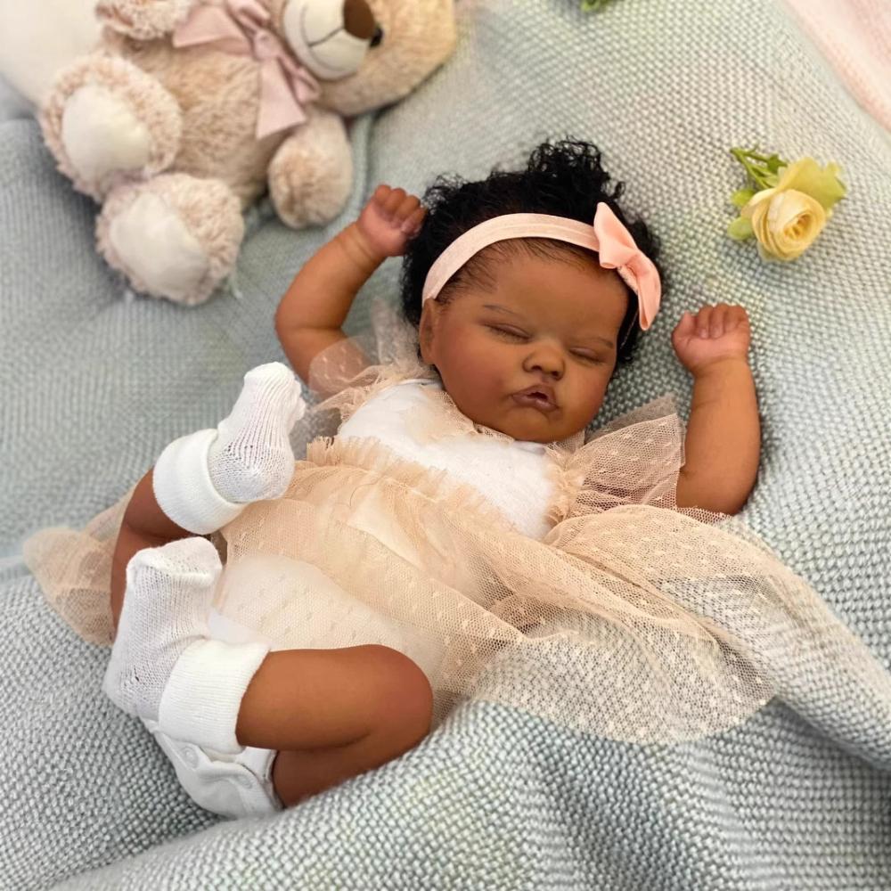 18 Inches Cloth Body Quinbee Reborn Dolls Realistic Sleeping Newborn Babies Doll with High Color Painted Dark Skin Lifelike Simulation Dolls for Kids