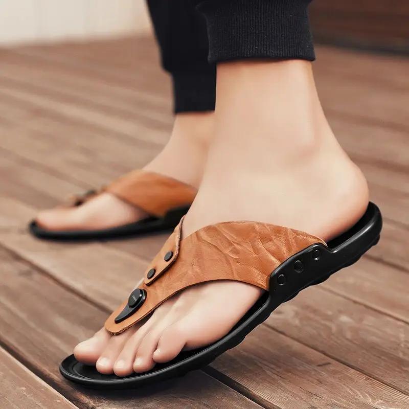 Fashion Flat Flip Flops Genuine Leathe Shoes Shiatsu Sandals Man Fun Casual Designer Luxury Mascullino 2025 Style Eva Slippers for Men