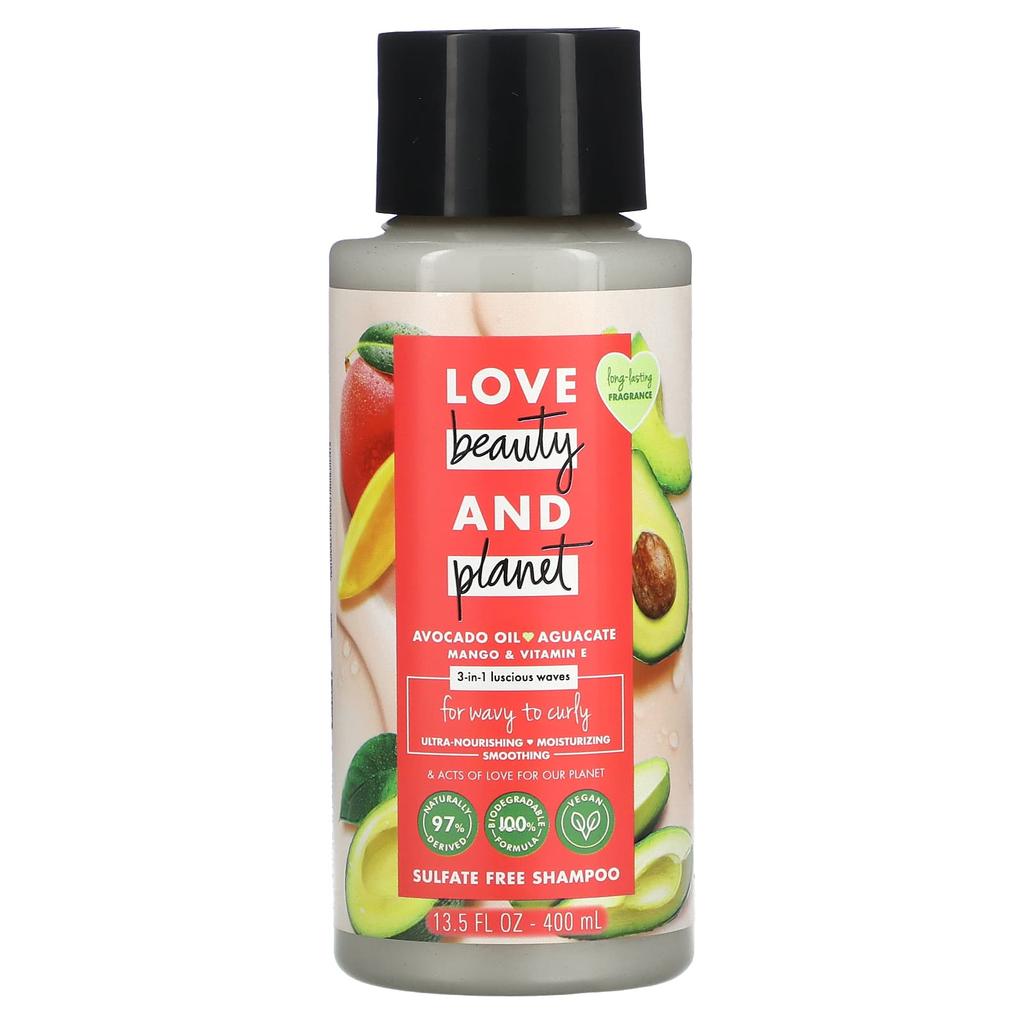 Love Beauty and Planet Šampon 3v1 na vlny a kudrlinky, avokádový olej Aguacate Mango a vitamín E, 400 ml (13,5 fl oz)