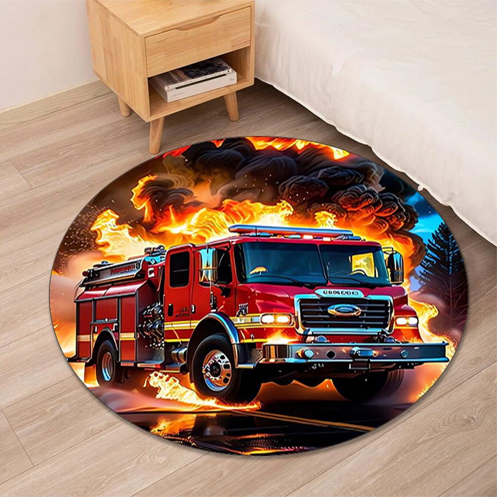 Fire Truck Printed Round Rug Carpet Chair Rug Area Rug Entryway Doormats,for Office Chair Living Room Bedroom Kitchen Room.