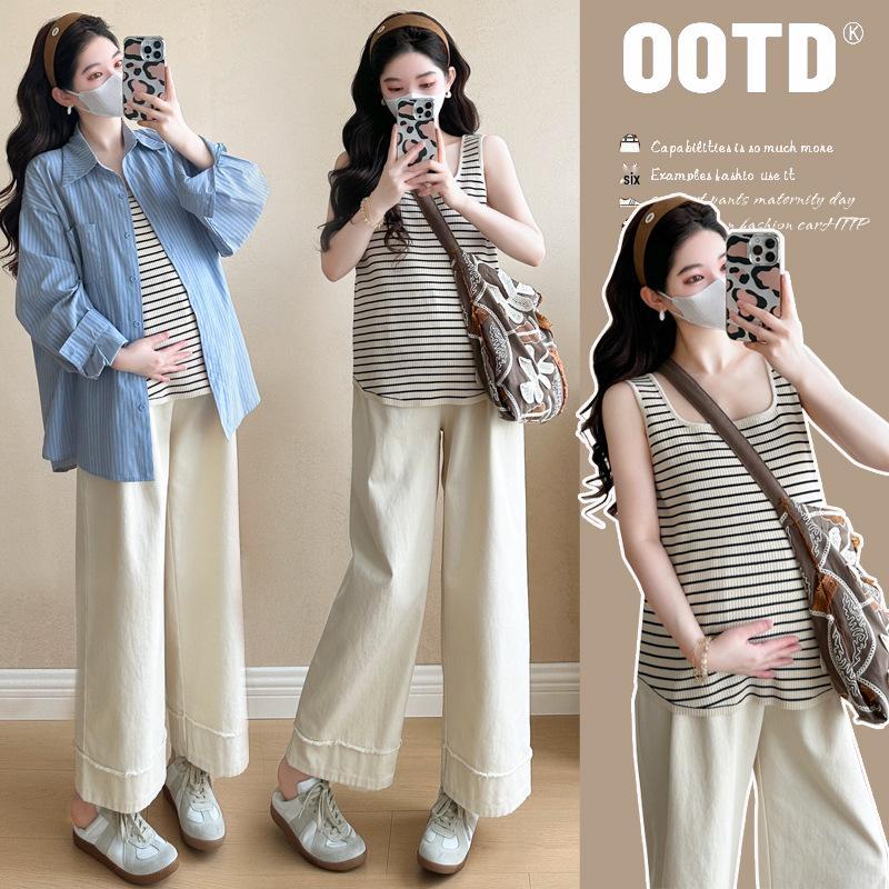 Maternity Petite Striped French Long Sleeve Shirt Set - High-End Spring/Summer Design