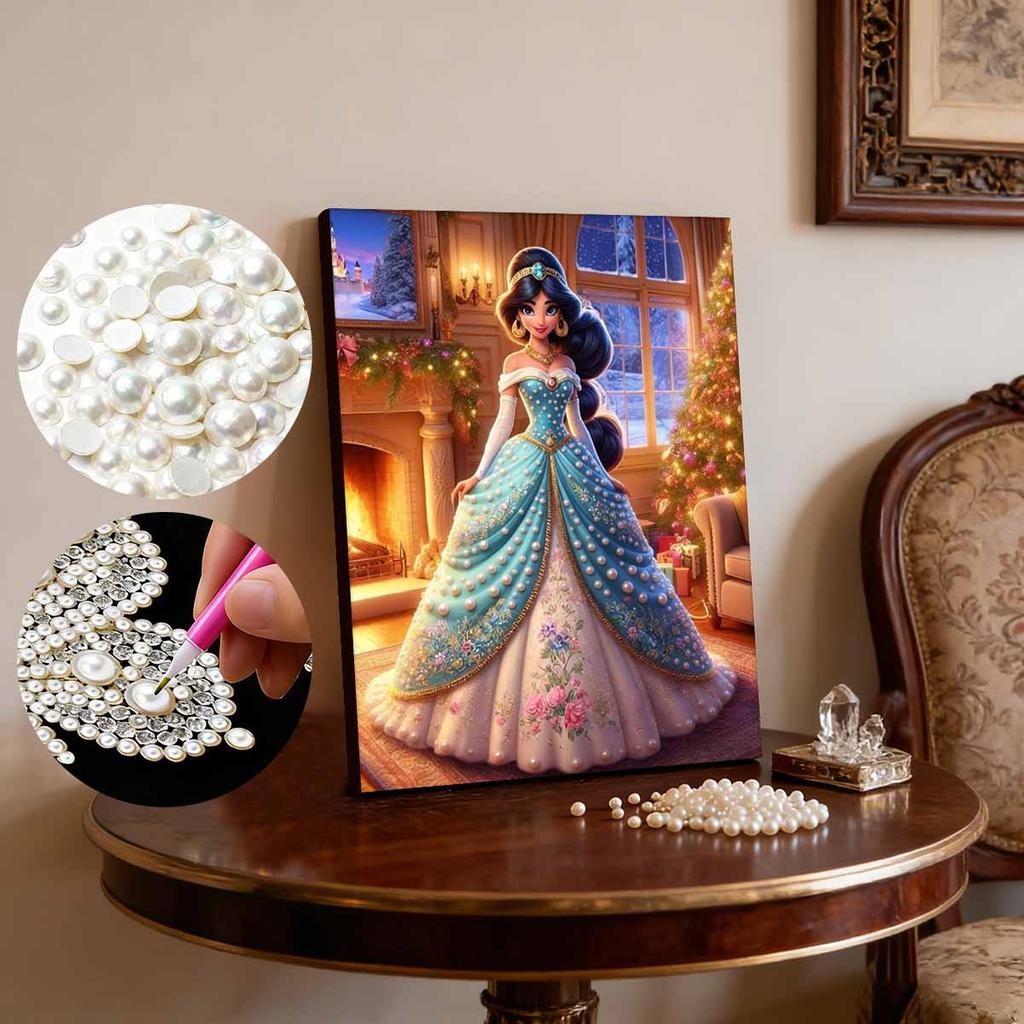 Classic Princess Jasmine Pearl Dress Pearl Art Painting Blue and Green Gradient Pearl Floral Embroidery Elements Pearl Inlay Frameless Craft Painting