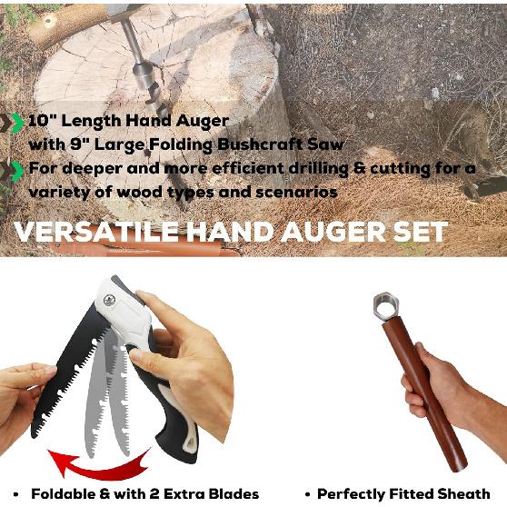 Hand Auger Wood Drill, Upgrade Welds Bushcraft Auger w/ Sharp Scottish Eye, Survival Tools for Bushcraft Projects/ Camping/Outdoors, 1*10inch