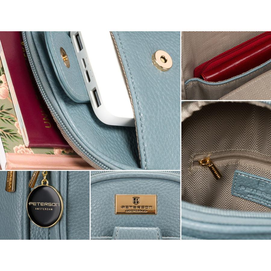 Blaue stilvolle kleine Damen-Tasche aus Öko-Leder, verziert mit goldenen Beschlägen, Bauchtasche Crossbody Peterson