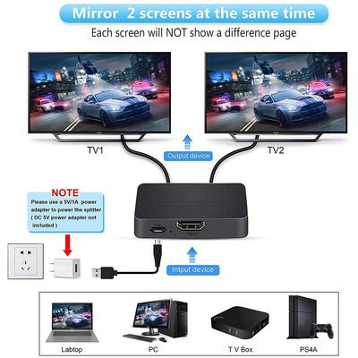 4K HDMI kompatibilní rozbočovač Přepínač 1 vstup 2 výstupy Video distribuční zesilovač Duální displej pro Box PC Monitor Projektor Notebook