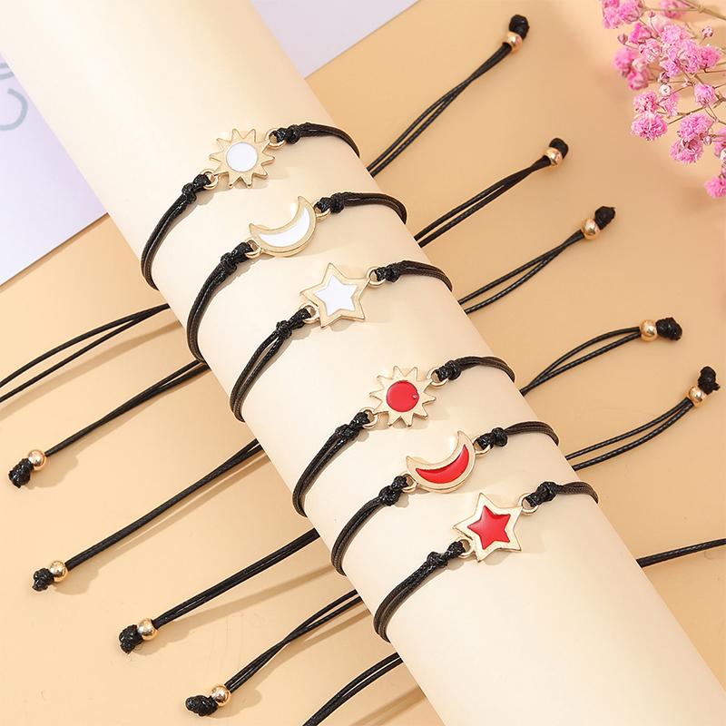 2025  Friendship Card Bracelet Able And Personalized Alloy Oil Drop Sun Moon Star Wax Rope Woven Bracelet 3-Piece Set