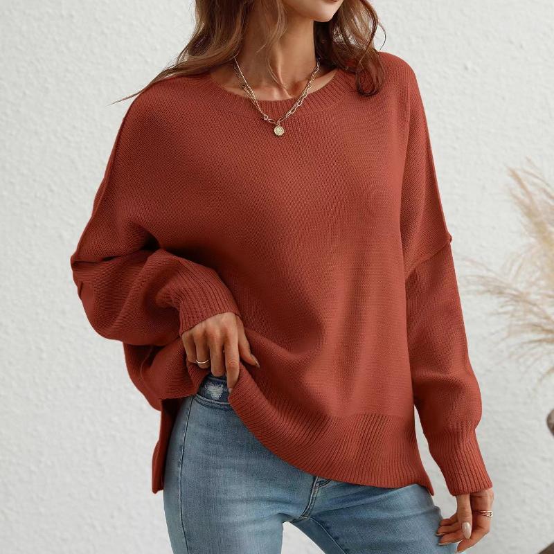 IHUASU Autumn and Winter Fashion Women's O-Neck Knit Loose Split Pullover Sweater