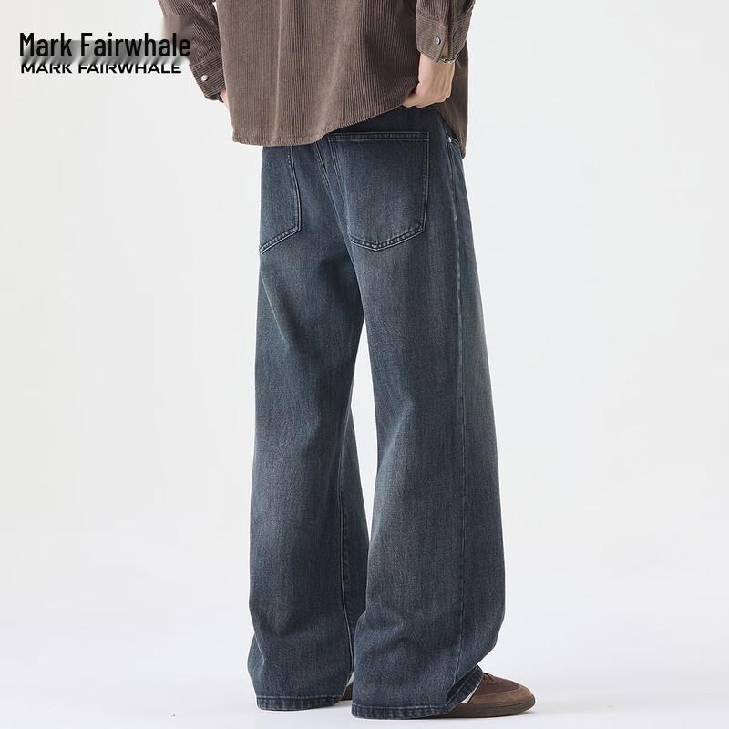 Mark Fairwhale Men's American Retro Loose Fit Dark Blue Flare Jeans