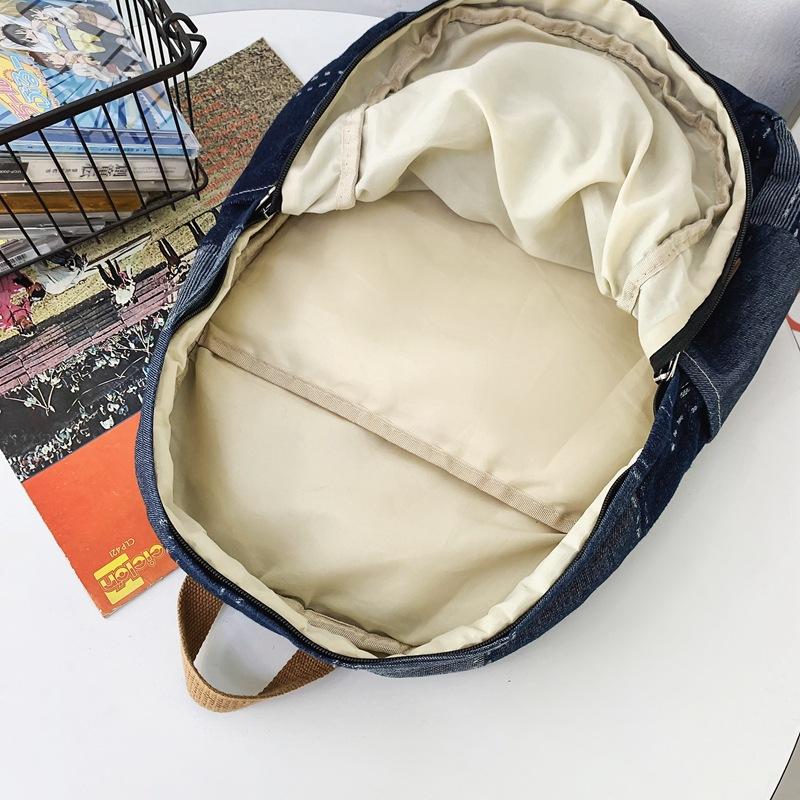 Korean version lazy wind denim schoolbag college style middle school student backpack washed retro splicing denim backpack