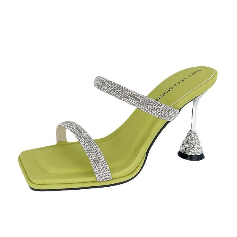 Thick-heeled Slippers Women's 2024 New Women's Summer Korean Version Gentle Low-heeled Rhinestone Half-slippers Women Wear One-word Sandals