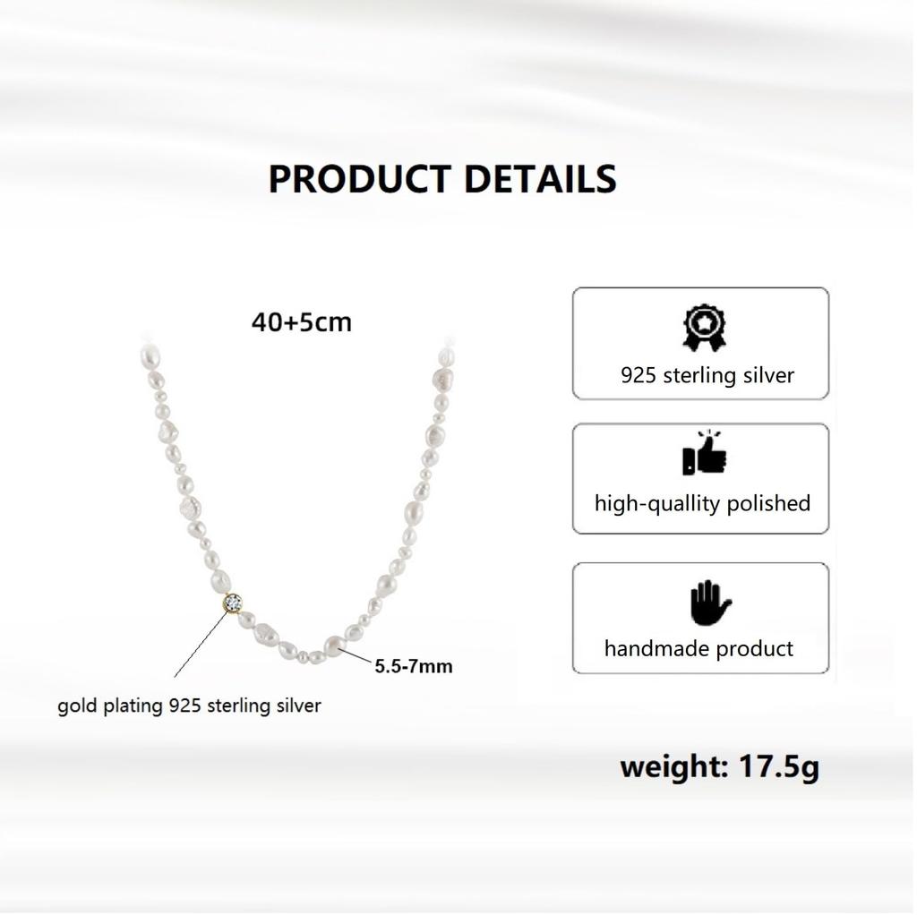 [HeyMeili] Baroque Pearl Necklace, Sterling Silver 925, Stylish, Natural Freshwater Pearl, June Birthstone, Popular, Elegant, Women's Gift, 5.5-7mm
