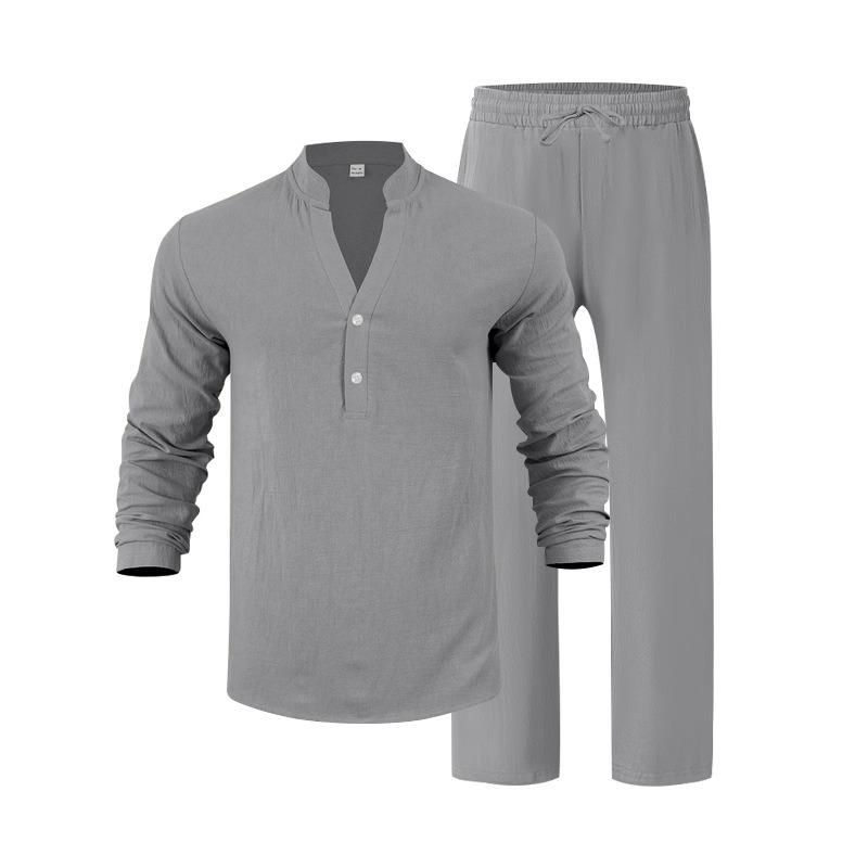 Men Loose Casual Breathable V Neck Long Sleeve Henley Shirt And Long Pants Set