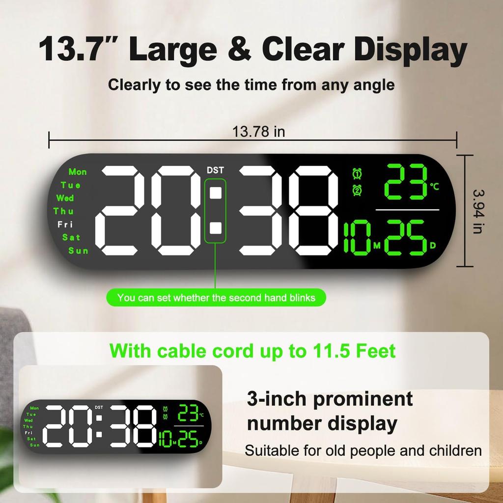 13.7" Digital Wall Clock Large Display with Remote Control,Dual Alarm,Auto-Dimming,Big Digits,Auto DST Clock for Bedroom Living Room Decor with 9
