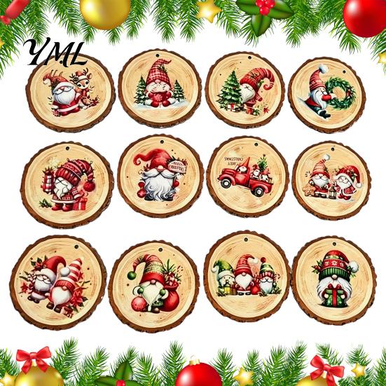 DIY Holiday Craft Supplies 12/24/36Pcs Christmas Gnome Wooden Ornaments, Round Wood Slice Hanging Decorations, Santa Party Ornaments Print Designs for