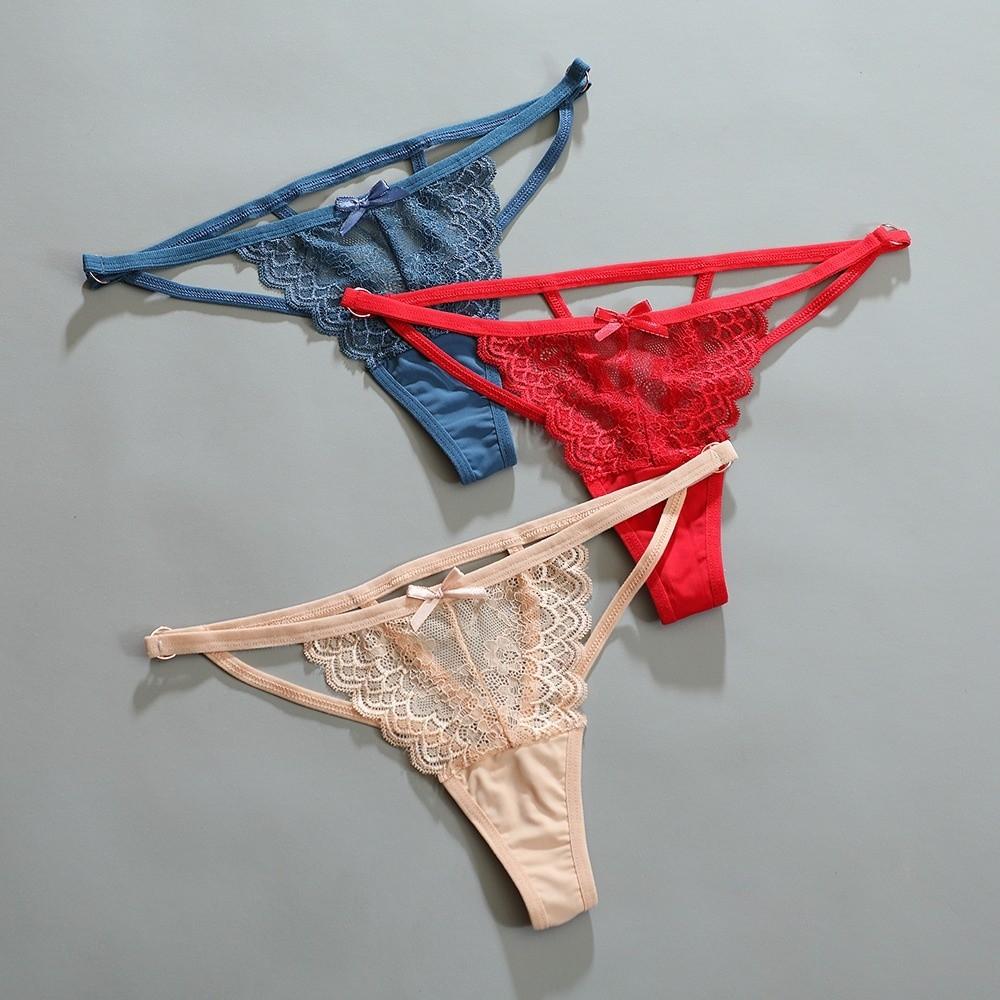 Bow Sheer Lace Thong Stretchy Strappy Romantic Panties Floral Embroidery Briefs  Ladies Girls