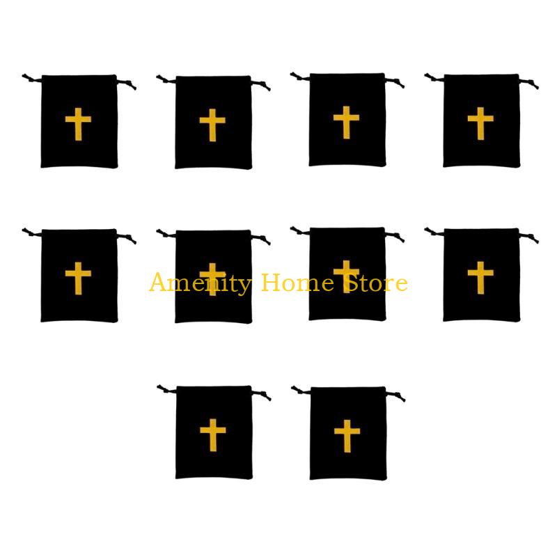 F26C Pack Of 10 Velvets Drawstring Bags Rosary Bags Jewelry Gift Pouches Featurings Crosses Designs For Jewelry Storage