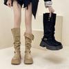 Fashion Versatile Pleated Foldable Boots Women's Autumn and Winter 2025 New Retro Solid Color Fashion Boots