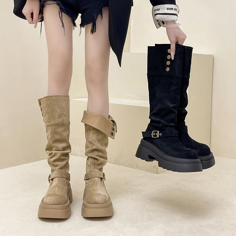 Fashion Versatile Pleated Foldable Boots Women's Autumn and Winter 2025 New Retro Solid Color Fashion Boots