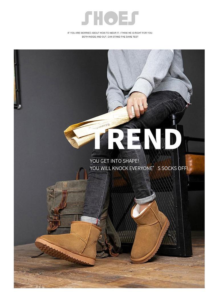 Unisex Suede Cowhide Snow Boots - Thickened Mid-Calf Leather for Warmth, Ideal for Cold Weather