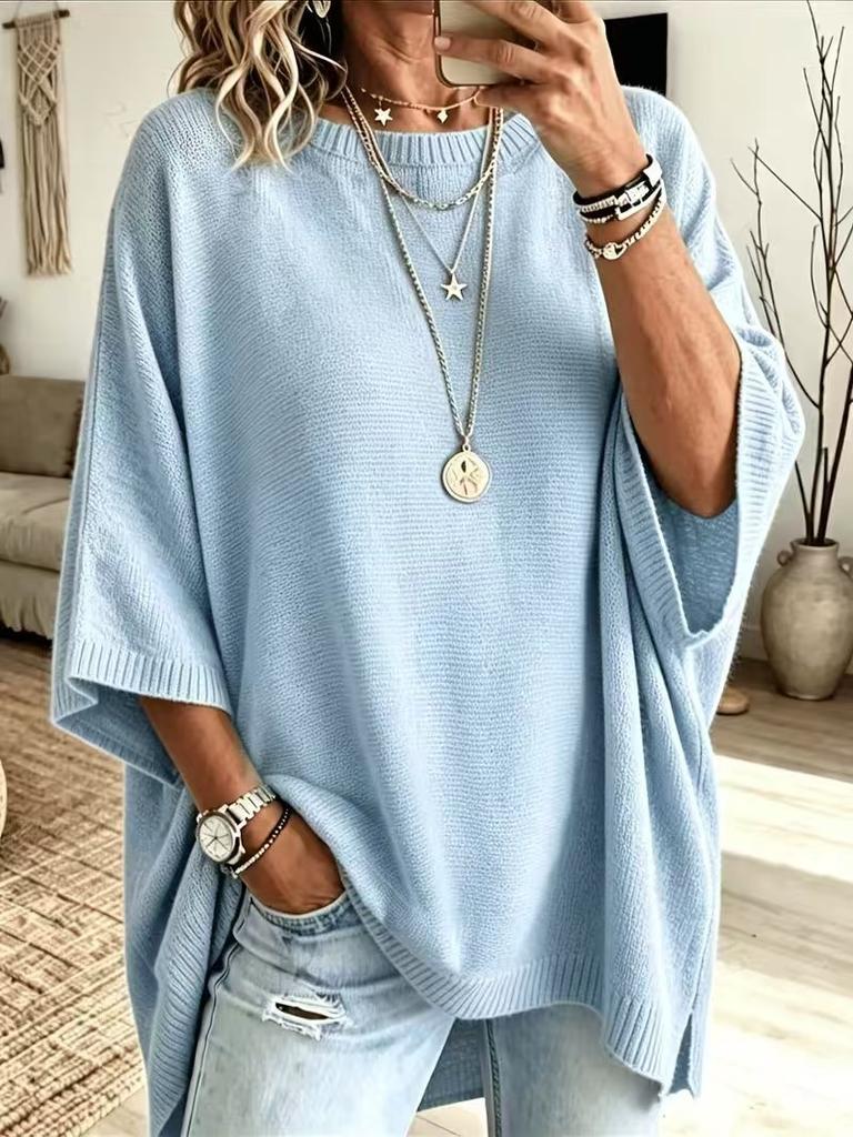 European and American pullover knitted sweater loose solid color casual sweater women's top wool with loose crew neck