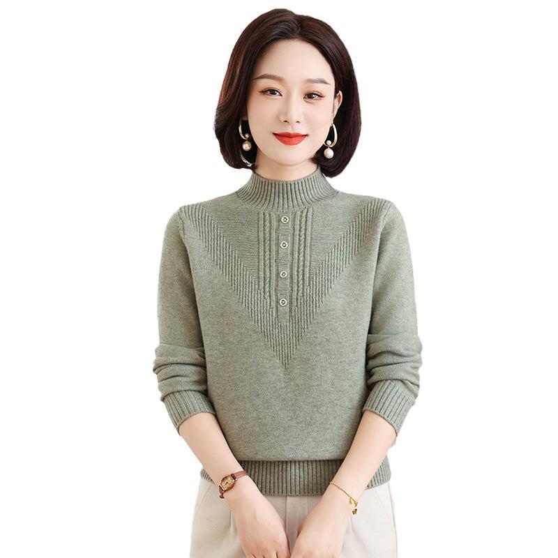 2024 Women's Autumn/Winter Semi-High Collar Long-Sleeve Knitted Top for Middle-Aged and Elderly.