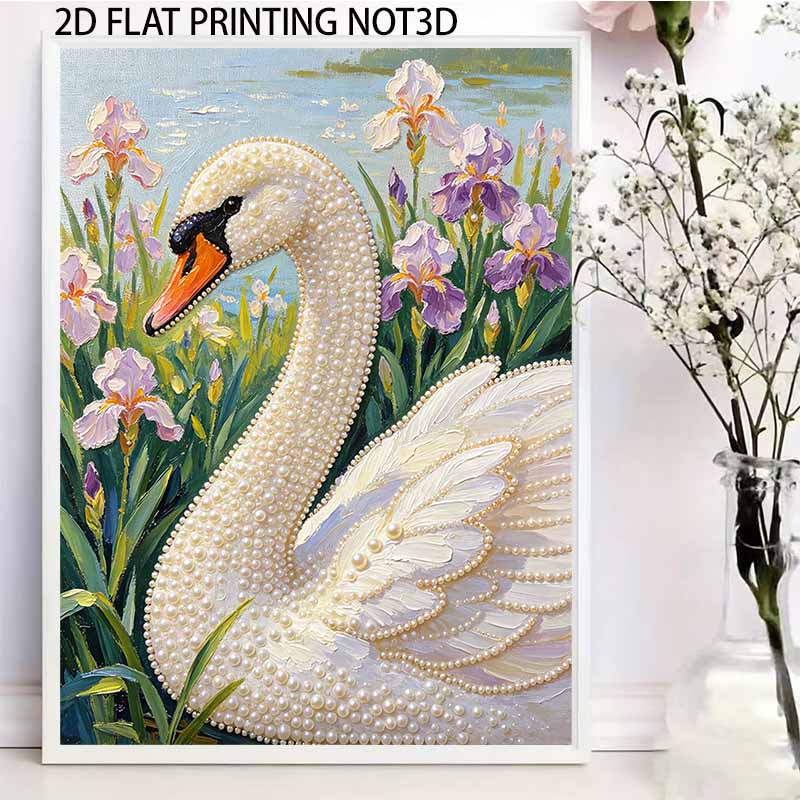 DIY Framed Pearl Painting Kit Swan and Irises 3D Sparkling Bead Art Canvas Elegant Home Wall Decor Creative Gift for Women To Relax