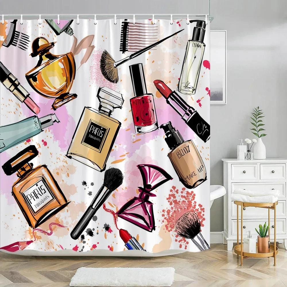 Cosmetic Perfume and Floral Shower Curtain and Rug Bathroom Set Flowers Heels Lipstick Home Cloth Hanging Curtain Bathroom Decor