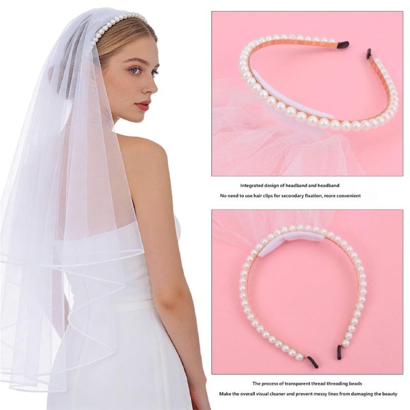 Delicate White Pearls Embellished Hairband Headdress Combined Veil For Bride Formal Event And Everyday Wear
