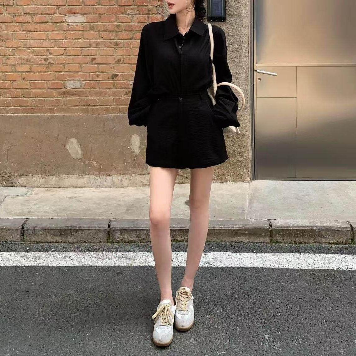 Lazy wind suit solid color temperament long-sleeved shirt women s spring 2026 high-waisted thin skirt two-piece set S