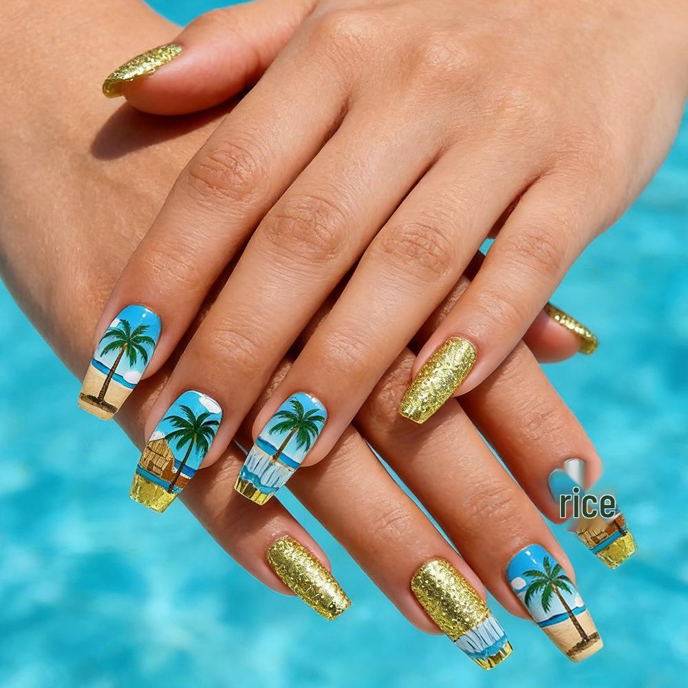 

Beach Coconut Tree Gold Glitter Y2K Style Nail Art Set - 24 Sparkly False Nails