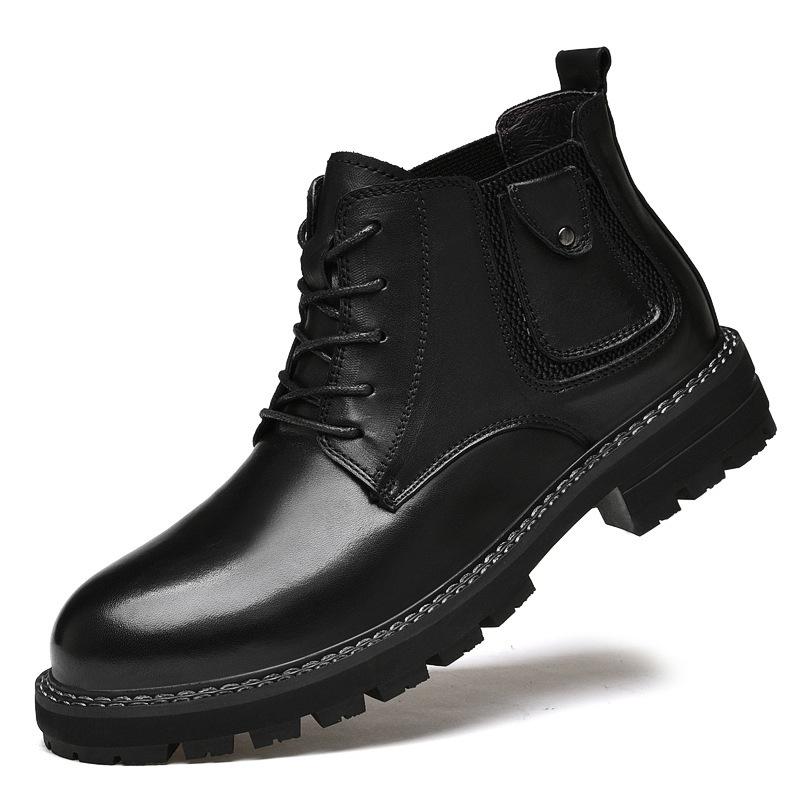

Мужские кожаные ботинки с высоким голенищем, деловые, из первого слоя коровьей кожи, ботинки средней высоты, повседневные хлопковые туфли, модельные короткие ботинки 45 чёрный