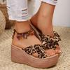 Summer Women Wedge Slippers Leisure Large Size Women Shoes Leopard Print Bow Tie Platform Slippers Outdoor Sandals Slides Women