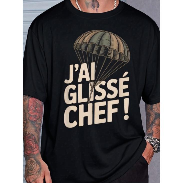 Men'S I Slipped Chief Cult Replica 7Th Company T-Shirt - French Culinary Slogan "I'M a Glutton Chef!" Graphic Tee, Featuring Text, Regular Fit Casual