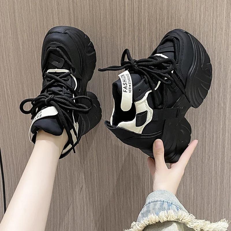 Fashion Women Walking Sneakers Autumn Lace-up High Platform Chunky Shoes Breathable Leather Shoes 10.5CM Winter Wedge Heels Casual Shoes