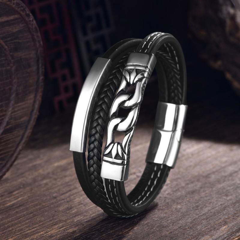 Mens Stainless Steel Leather Woven Bracelet Geometric Chain Design Hip Hop Style Adjustable Length
