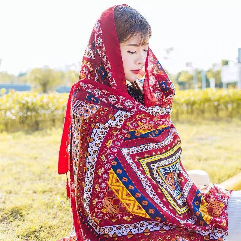 

Осенне-зимний женский шарф в китайском стиле, шаль с принтом, солнцезащитный шелковый шарф, шаль, морской пляж