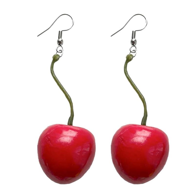 3D Red Cherry Fruit Drop Dangle Earrings Plastic Fruit Sweet Funny Ear Clips for Women Girls Tassels Aesthetic Jewelry