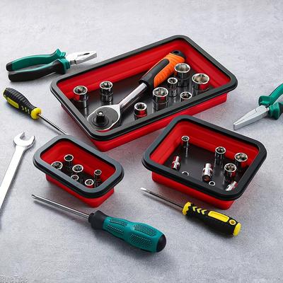 3pcs Collapsible Magnetic Parts Tray Set Flexible Silicone Tool Bowl Dish Strong Magnet Screw Nut Bolt Holder For Auto Repair