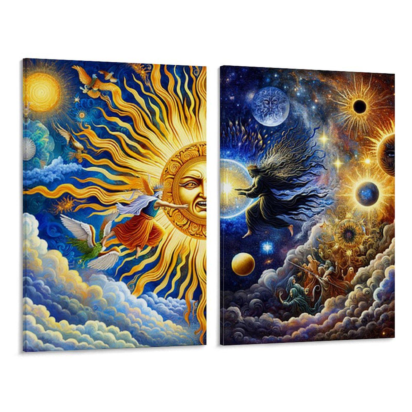 Абстрактная двустворчатая холстовая картина «Солнце, Луна, Инь-Ян, Звездное небо», без рамы 08×12inch(20×30cm)*2