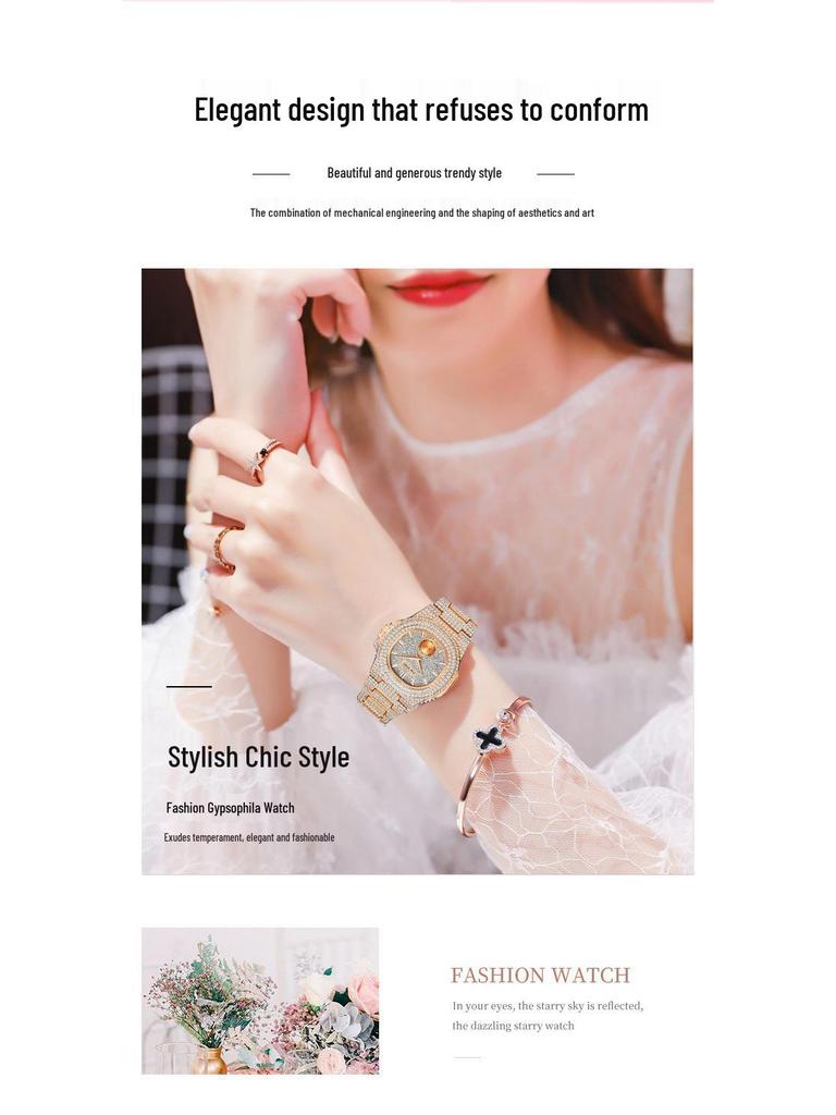 Pinshi Women's High-End Luxury Quartz Watch with Full Diamond Design, Waterproof for Women