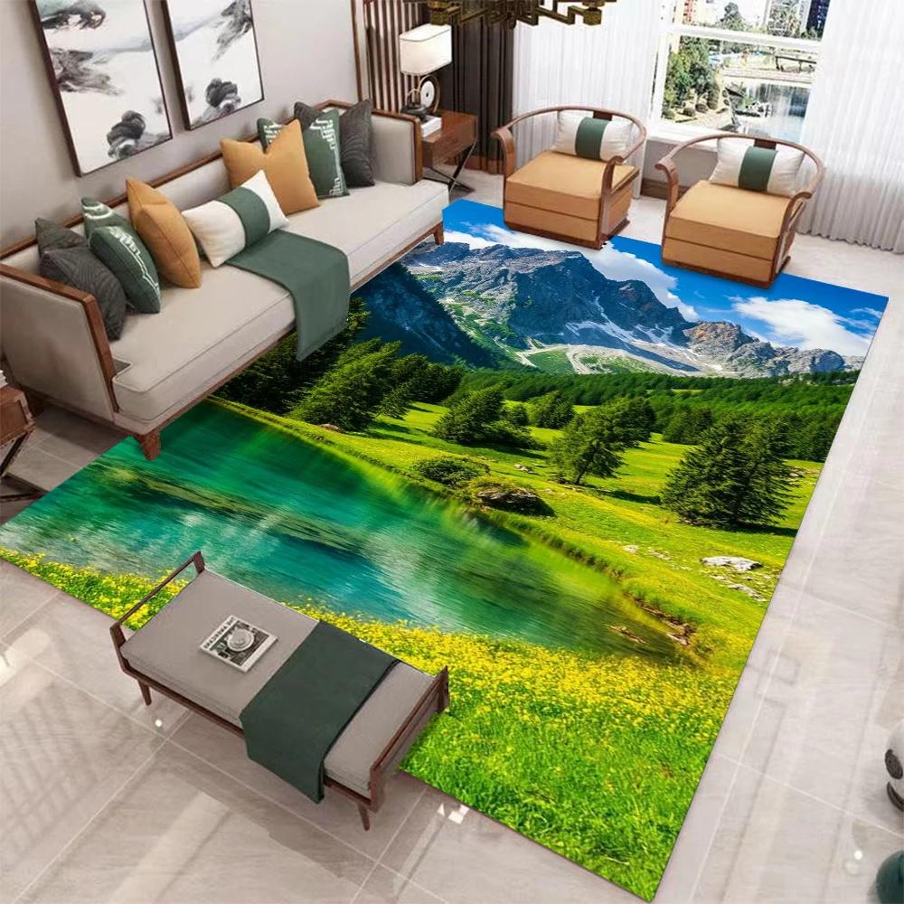 Non-Slip 3D Nature Scenery Rug, Santorini Snow Mountain Landscape Mat, Soft Floor Carpet for Living Room Home