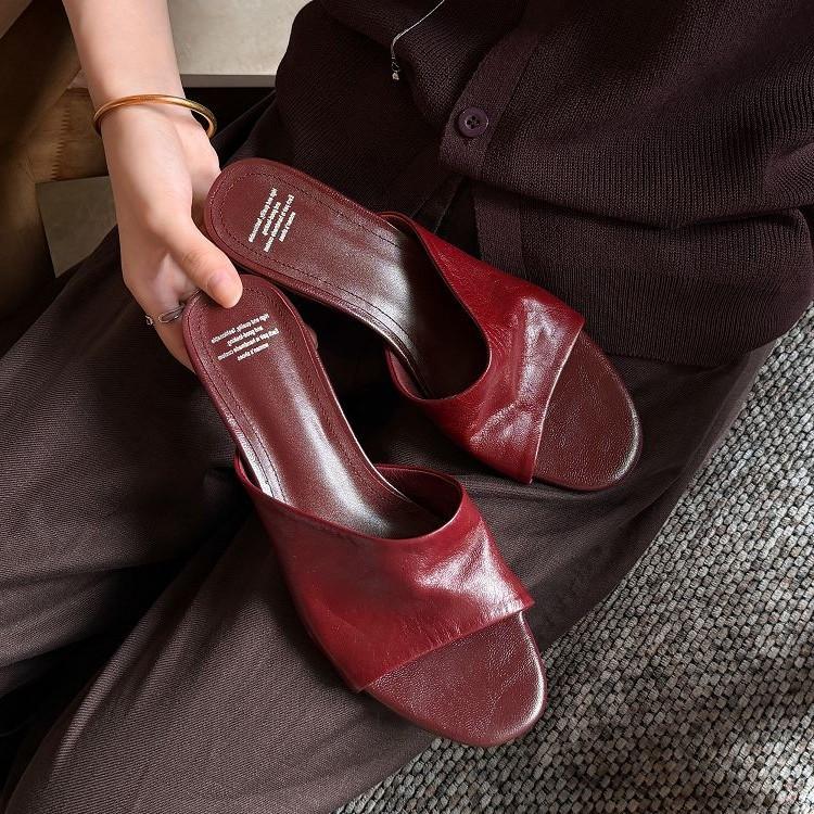 2026 new fish mouth Muller slippers women's medium heel thick heel simple and comfortable versatile one-character cool slippers women