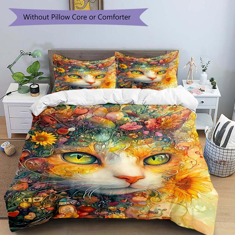 

3pcs Noble Cat Art Design Bedding Set - 1 Soft Quilt Cover + 2 Pillowcases, Machine Washable - Suitable for All Seasons, Perfect Gift for Fa 135cm*200cm