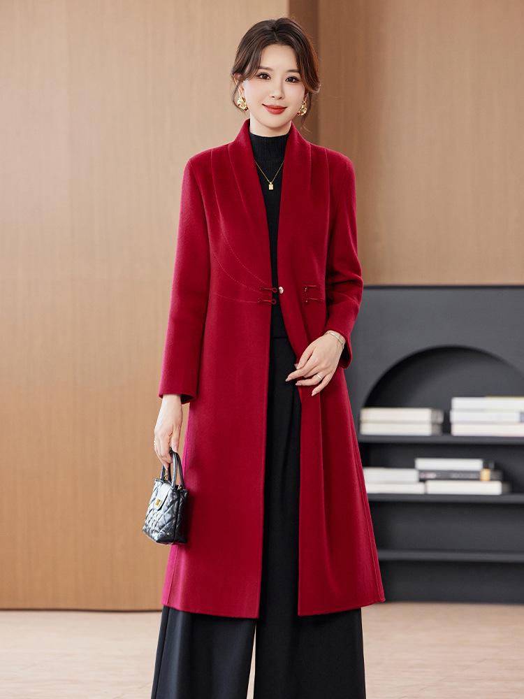 Women's Red Double-Sided Long Wool Coat - 2025 Autumn/Winter Slimming Over-the-Knee Style